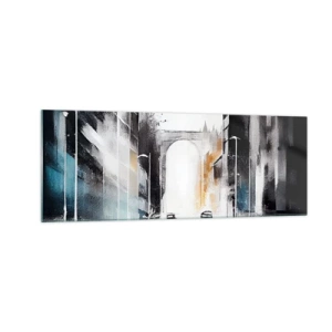 Cuadro sobre vidrio - Impresiones sobre Vidrio - Panorama abstracto de la ciudad con un puente arqueado - 140x50cm - Estudio de la ciudad: arquitectura y movimiento - Decoración de pared moderna para salón y dormitorio ARTTOR