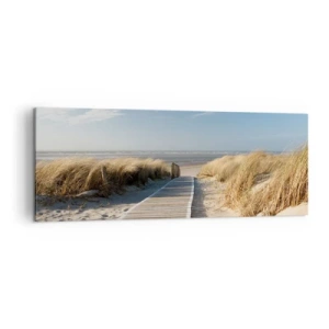 Cuadro sobre lienzo - Impresión de Imagen - Un camino de madera conduce a través de las dunas hasta el mar en calma. - 140x50cm - Más allá de la duna, en el susurro de la naturaleza - Decoración de pared moderna para salón y dormitorio ARTTOR