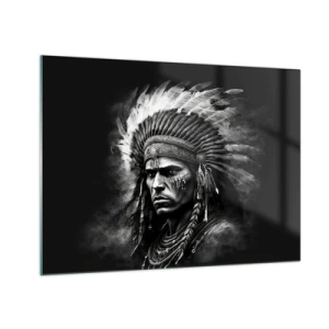Cuadro sobre vidrio - Impresiones sobre Vidrio - Retrato en blanco y negro de un guerrero con un tocado de plumas. - 70x50cm - Líder y guerrero - Decoración de pared moderna para salón y dormitorio ARTTOR