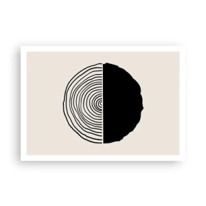 Póster - Un motivo abstracto en blanco y negro inspirado en una sección transversal de madera con una división geométrica. - 100x70cm - Mitad y mitad - Decoración de pared moderna para salón y dormitorio ARTTOR