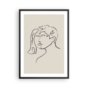Póster en marco negro - Un boceto minimalista de las caras de una pareja sobre un fondo beige. - 50x70cm - Y se convirtieron en uno - Decoración de pared moderna para salón y dormitorio ARTTOR