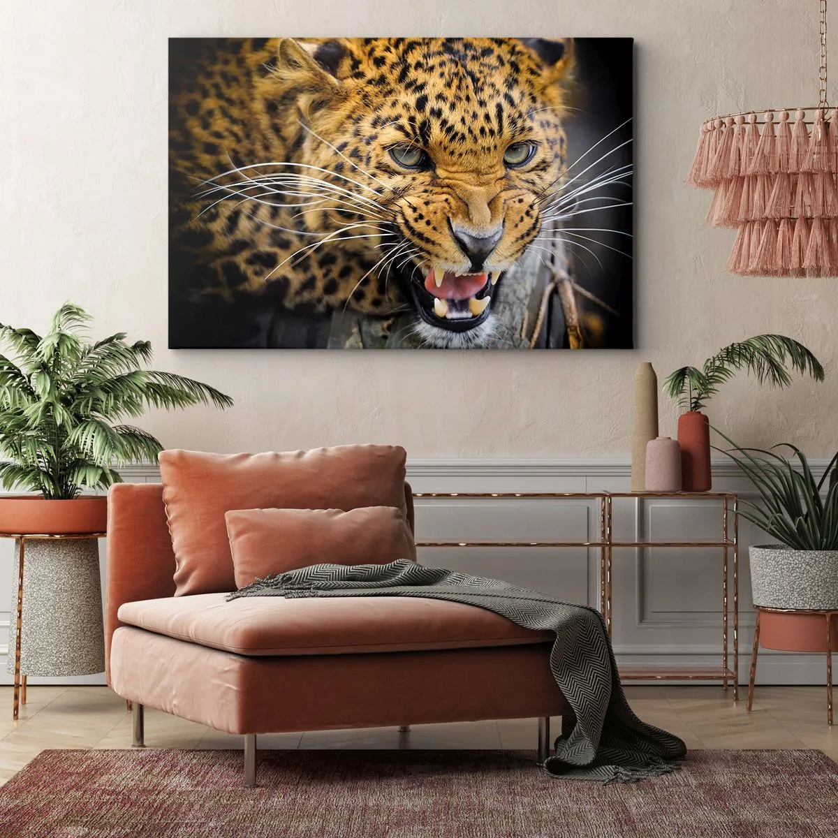 Cuadro sobre lienzo - Impresión de Imagen - Un primer plano de un leopardo amenazante con sus colmillos al descubierto. - 120x80cm - ¡Atrás, te lo advierto! - Decoración de pared moderna para salón y dormitorio ARTTOR