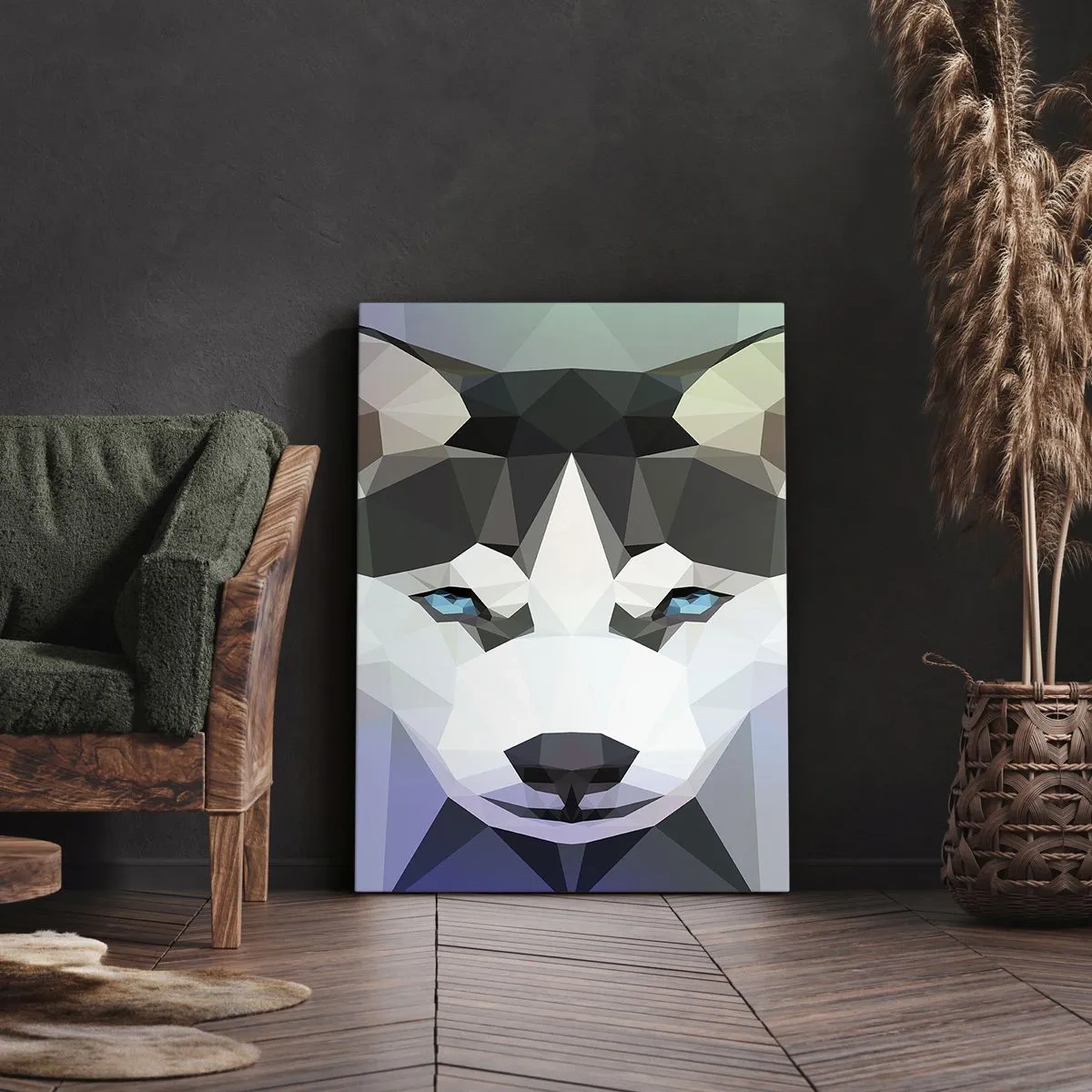 Cuadro sobre lienzo - Impresión de Imagen - Lobo geométrico con expresivos ojos azules. - 50x70cm - El recuerdo de las nieves del norte - Decoración de pared moderna para salón y dormitorio ARTTOR
