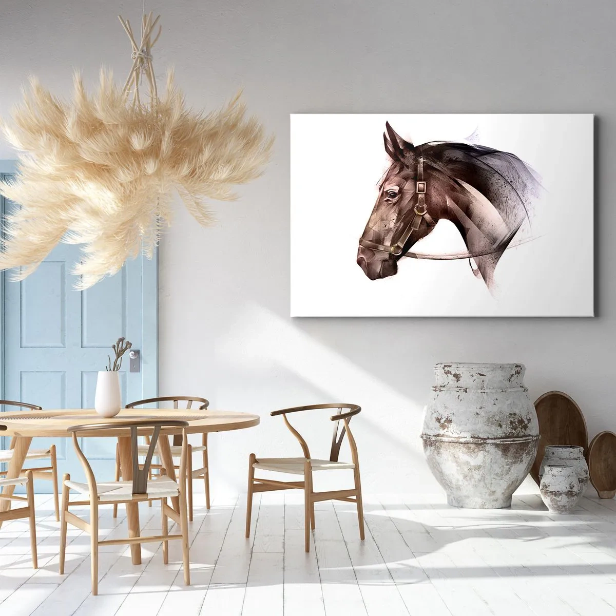 Cuadro sobre lienzo - Impresión de Imagen - Un perfil de caballo en una delicada forma artística sobre un fondo blanco. - 70x50cm - Elegancia - Decoración de pared moderna para salón y dormitorio ARTTOR