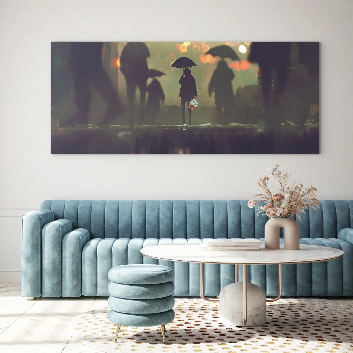 Cuadro sobre vidrio - Impresiones sobre Vidrio - Una figura con un paraguas en una tarde lluviosa entre las luces de la ciudad. - 140x50cm - Desde la perspectiva de una gota de lluvia - Decoración de pared moderna para salón y dormitorio ARTTOR