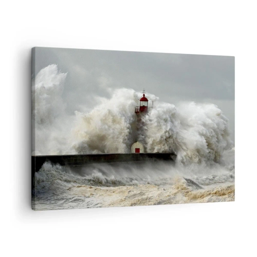 Cuadro sobre lienzo - Impresión de Imagen - Un faro rodeado de fuertes olas durante una tormenta. - 70x50cm - La furia del océano - Decoración de pared moderna para salón y dormitorio ARTTOR