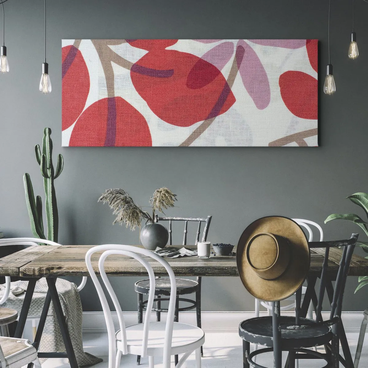 Cuadro sobre lienzo - Impresión de Imagen - Flores y hojas en tonos rojos y rosas. - 120x50cm - Composición floral en rosa - Decoración de pared moderna para salón y dormitorio ARTTOR