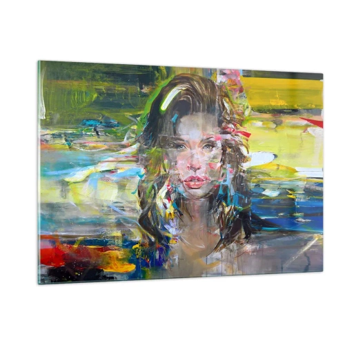 Cuadro sobre vidrio - Impresiones sobre Vidrio - Retrato abstracto de una mujer con un fondo dinámico. - 120x80cm - Tras el velo del aire - Decoración de pared moderna para salón y dormitorio ARTTOR