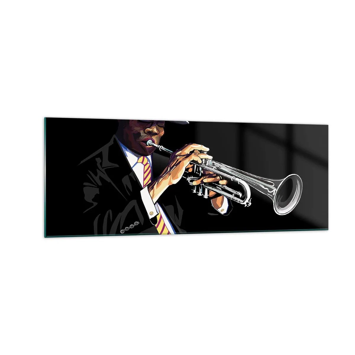 Cuadro sobre vidrio - Impresiones sobre Vidrio - Un músico tocando la trompeta sobre un fondo negro. - 140x50cm - El encanto de la vieja escuela - Decoración de pared moderna para salón y dormitorio ARTTOR