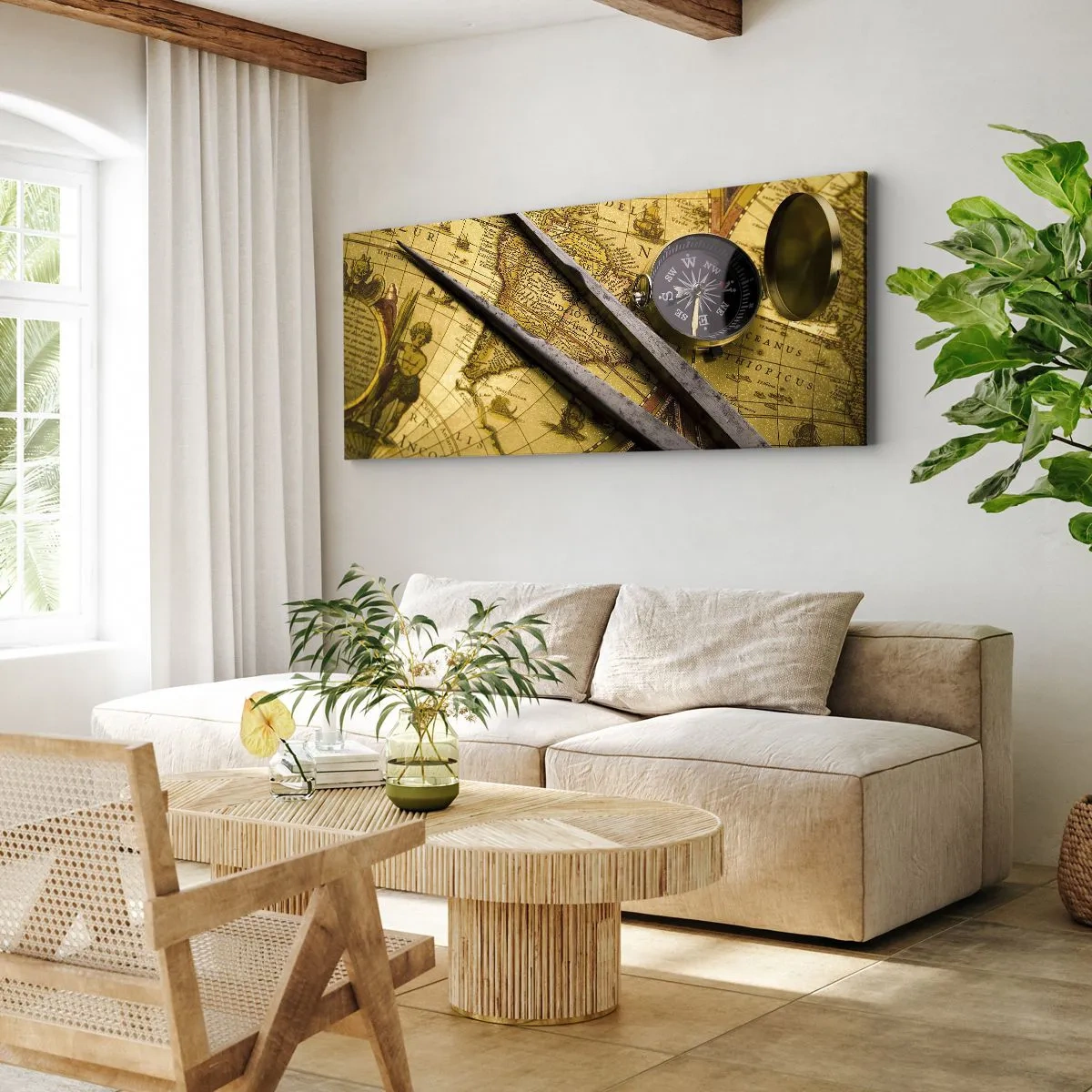 Cuadro sobre lienzo - Impresión de Imagen - Un mapa del mundo antiguo con una brújula y un par de brújulas en el fondo. - 140x50cm - ¿Dónde están los tesoros? - Decoración de pared moderna para salón y dormitorio ARTTOR