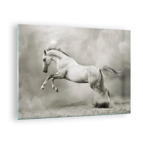 Cuadro sobre vidrio - Impresiones sobre Vidrio - Un caballo blanco saltando contra las nubes. - 70x50cm - Entre la realidad y el sueño - Decoración de pared moderna para salón y dormitorio ARTTOR