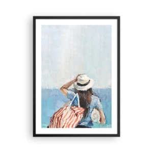 Póster en marco negro - Una mujer con sombrero mirando al mar. - 50x70cm - Bienvenida a tus vacaciones - Decoración de pared moderna para salón y dormitorio ARTTOR