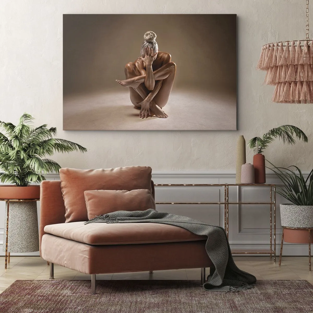 Cuadro sobre lienzo - Impresión de Imagen - Silueta artística de una mujer sobre un fondo beige. - 70x50cm - Unidad de cuerpo y espíritu - Decoración de pared moderna para salón y dormitorio ARTTOR