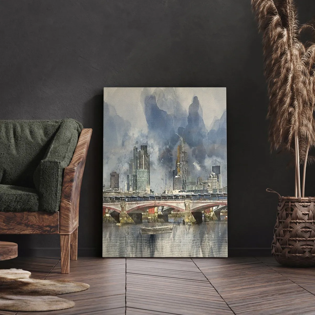 Cuadro sobre lienzo - Impresión de Imagen - Vista en acuarela del puente y el horizonte de la ciudad. - 50x70cm - Londres en todo su esplendor - Decoración de pared moderna para salón y dormitorio ARTTOR