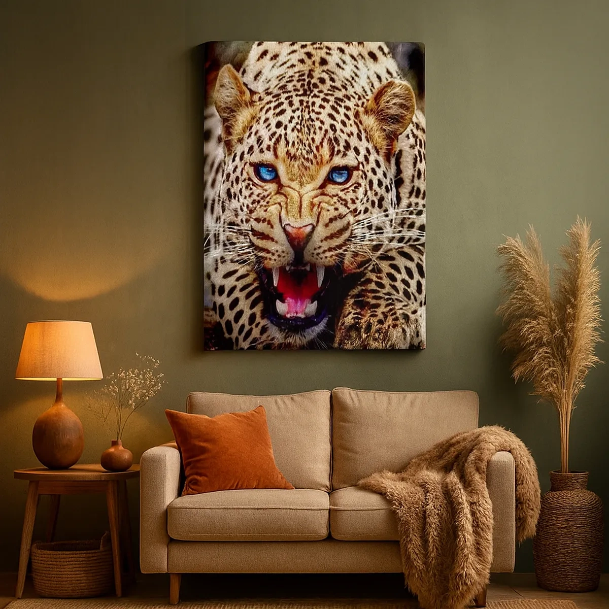Cuadro sobre lienzo - Impresión de Imagen - Un leopardo amenazante con intensos ojos azules. - 50x70cm - La ira no daña la belleza - Decoración de pared moderna para salón y dormitorio ARTTOR