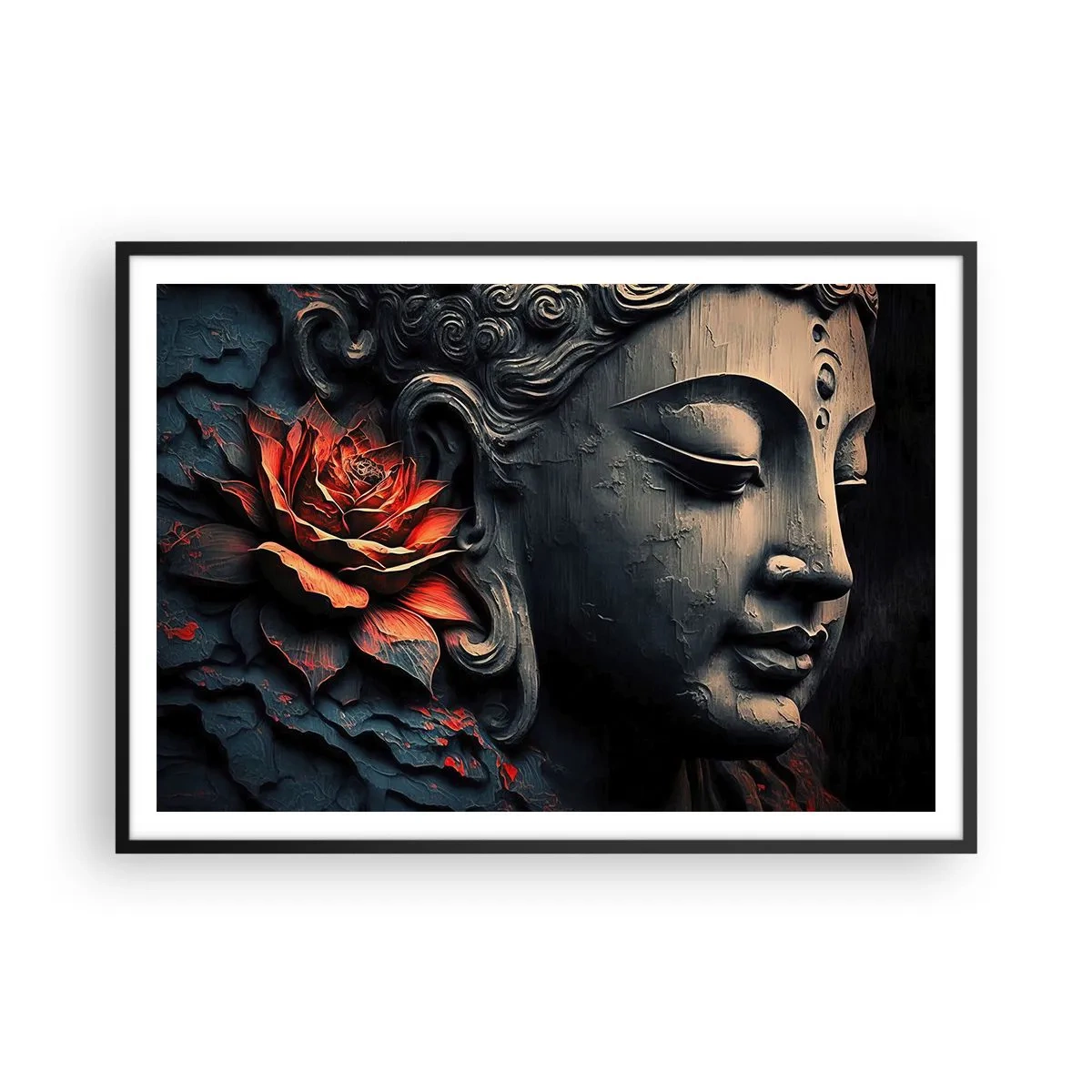 Póster en marco negro - Escultura de Buda con una flor de loto roja. - 100x70cm - En sintonía con el mundo - Decoración de pared moderna para salón y dormitorio ARTTOR