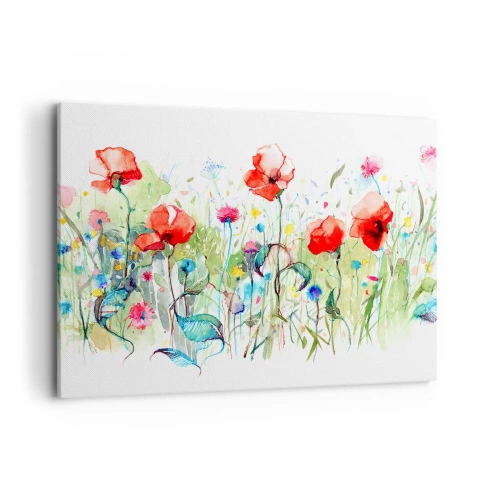 Cuadro sobre lienzo - Impresión de Imagen - Un prado con amapolas rojas y flores de colores en acuarela. - 120x80cm - Un prado en flor en mayo - Decoración de pared moderna para salón y dormitorio ARTTOR