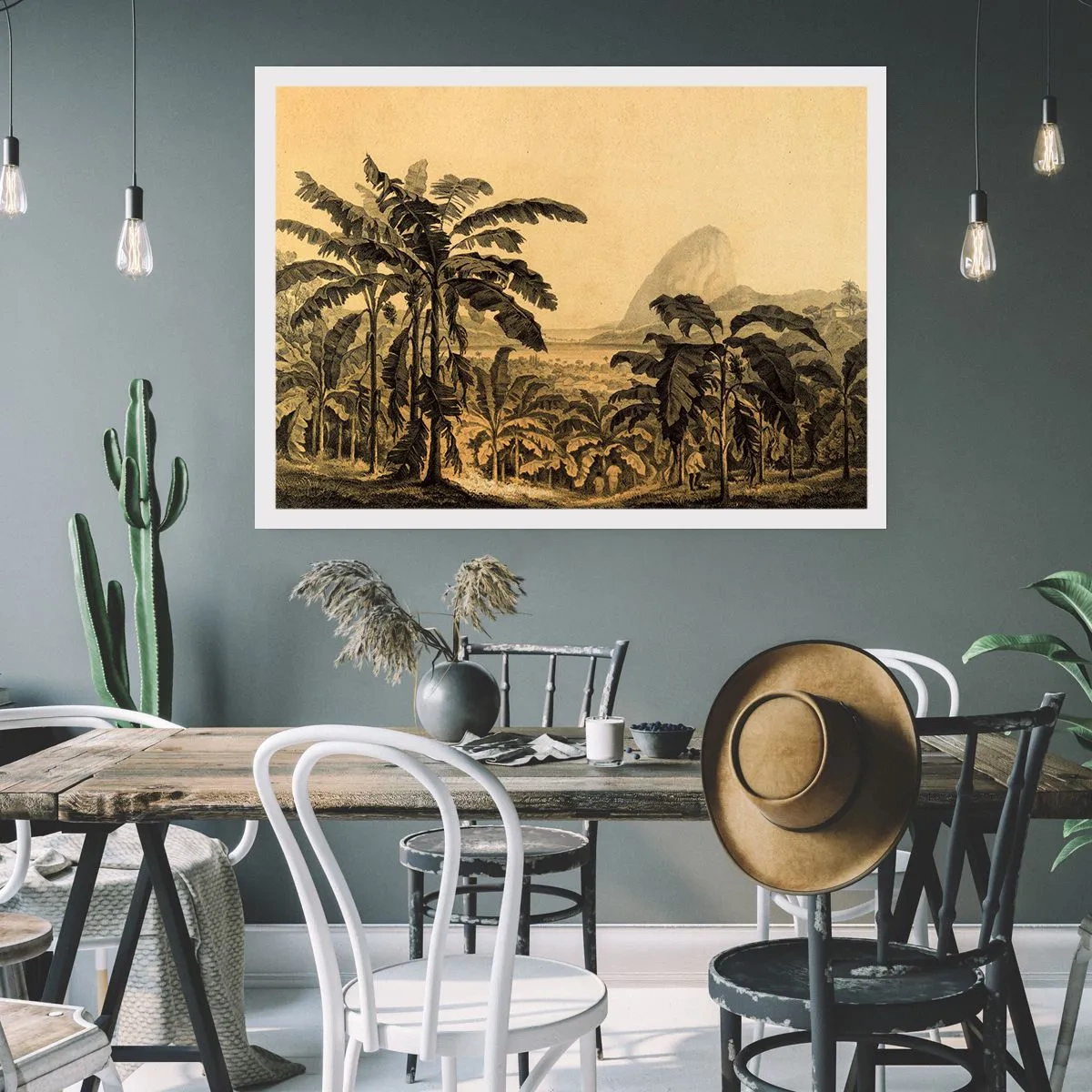 Póster - Dibujo de árboles de plátano sobre un fondo de paisaje tropical. - 100x70cm - En un ambiente colonial - Decoración de pared moderna para salón y dormitorio ARTTOR