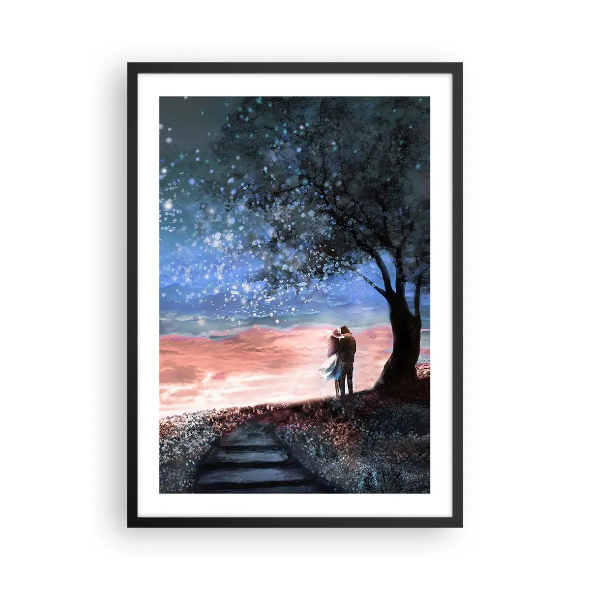 Póster en marco negro - Una pareja bajo un árbol a la luz de las estrellas y un paisaje pintoresco. - 50x70cm - Un espectáculo estelar - Decoración de pared moderna para salón y dormitorio ARTTOR