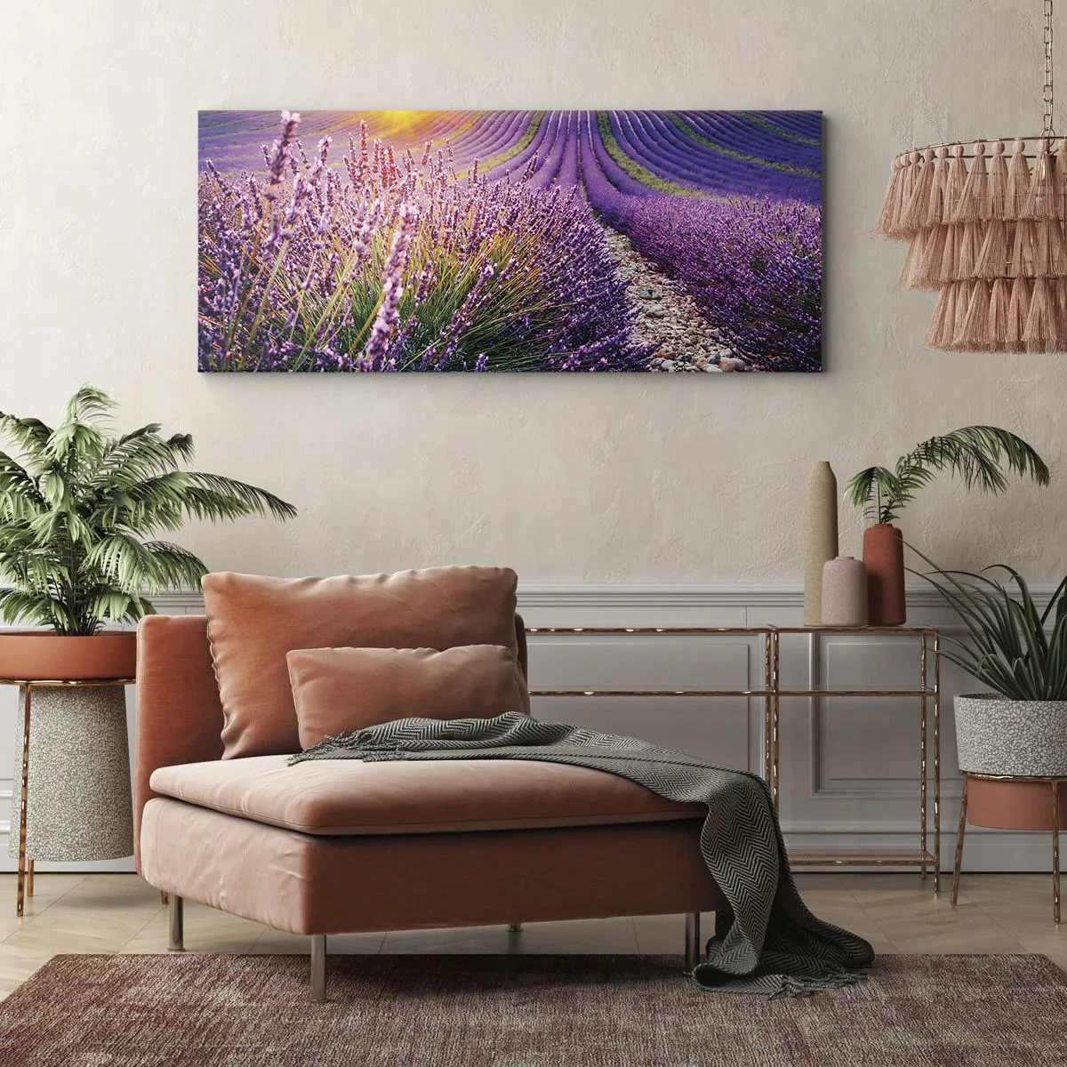 Cuadro sobre lienzo - Impresión de Imagen - Campo de lavanda al atardecer - 120x50cm - Pradera fragante - Decoración de pared moderna para salón y dormitorio ARTTOR