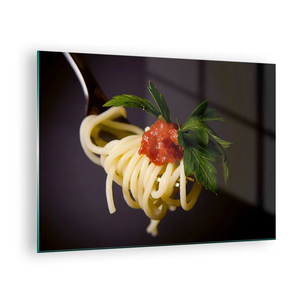 Cuadro sobre vidrio - Impresiones sobre Vidrio - Pasta espaguetis al tenedor con salsa de tomate - 70x50cm - Un sabroso bocado - Decoración de pared moderna para salón y dormitorio ARTTOR