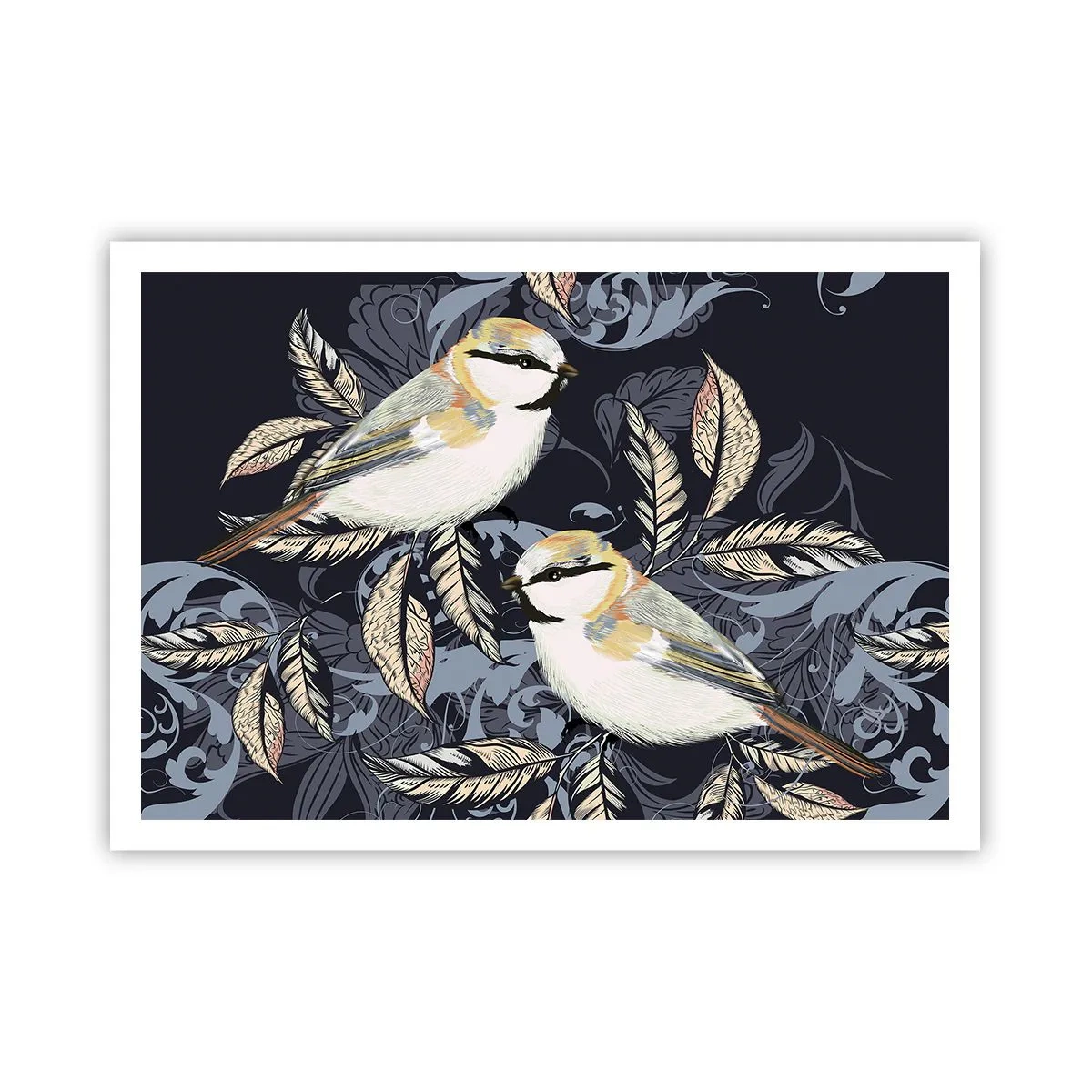 Póster - Pájaros en ramas sobre un fondo ornamental. - 100x70cm - En la copa del árbol - Decoración de pared moderna para salón y dormitorio ARTTOR