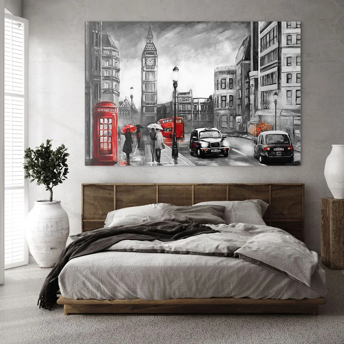 Cuadro sobre vidrio - Impresiones sobre Vidrio - El Big Ben y las calles de Londres con acentos rojos sobre un fondo gris - 100x70cm - No tan gris como la pintan - Decoración de pared moderna para salón y dormitorio ARTTOR