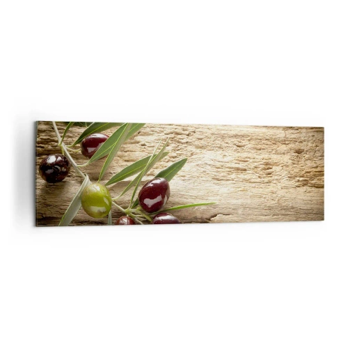 Cuadro sobre lienzo - Impresión de Imagen - Rama de olivo con fruta sobre un fondo de madera envejecida - 160x50cm - Directamente de la naturaleza - Decoración de pared moderna para salón y dormitorio ARTTOR