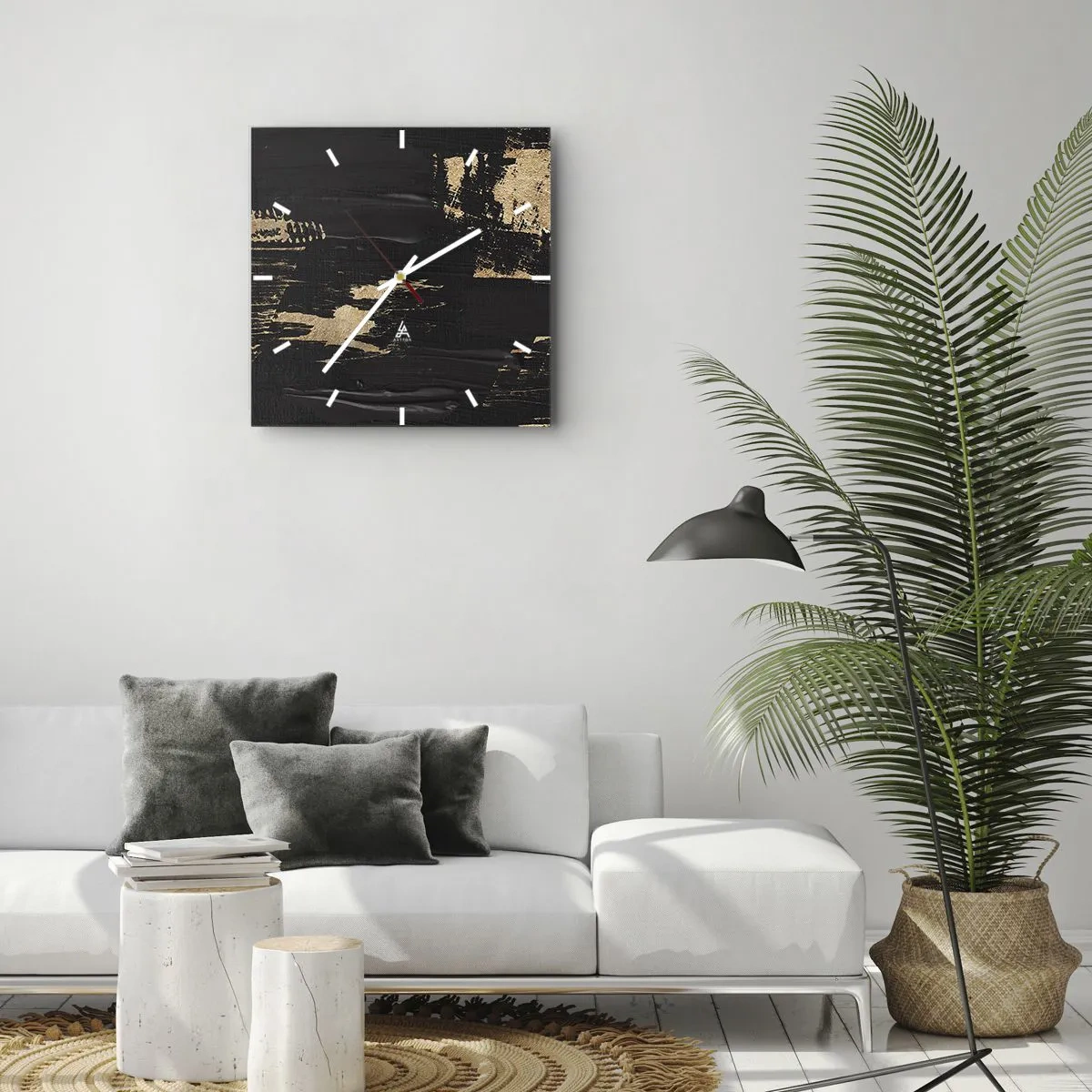 Reloj de pared - Reloj de vidrio - Composición abstracta en tonos negros y dorados. - 30x30cm - Un rastro de tacto - Decoración de pared moderna para salón y dormitorio ARTTOR