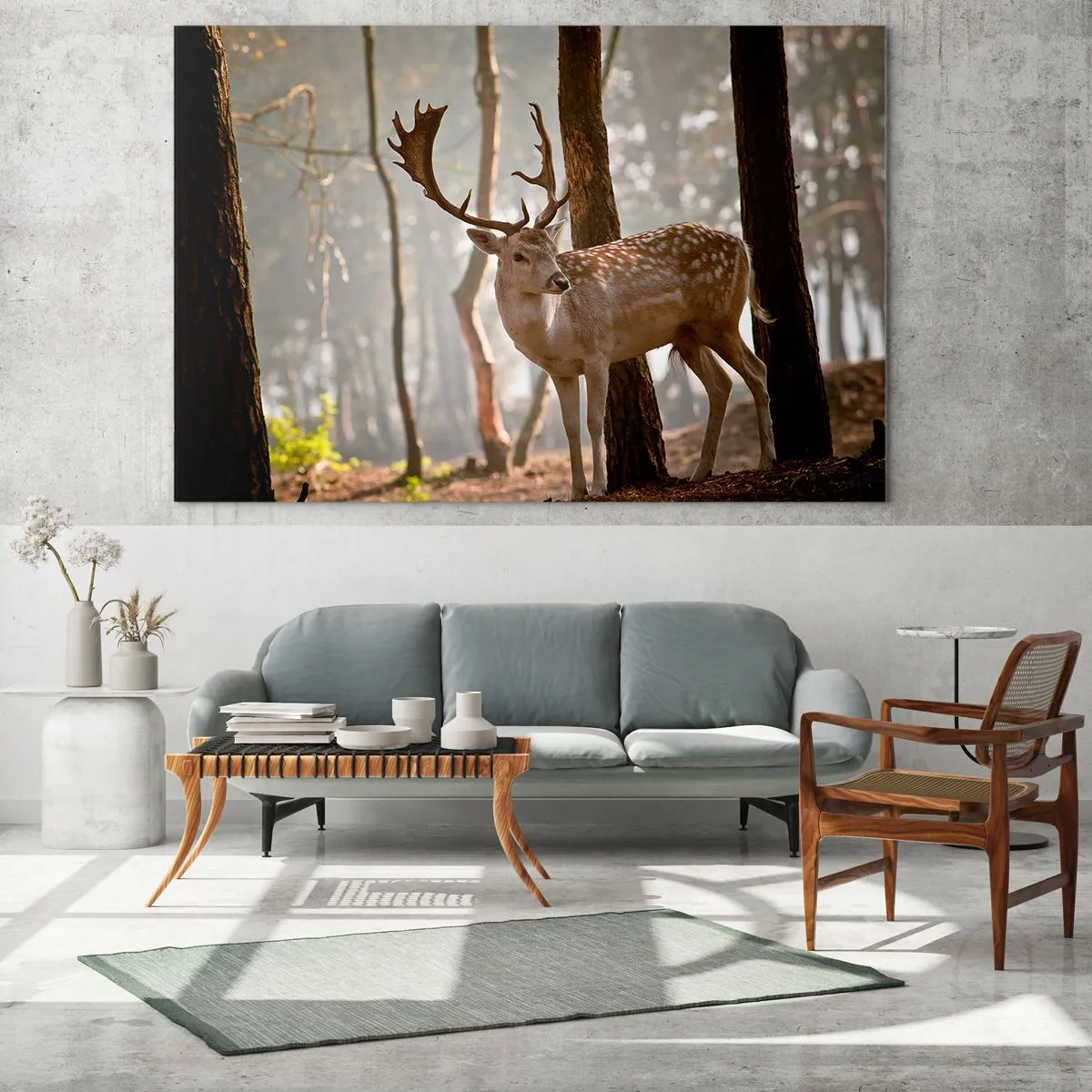 Cuadro sobre vidrio - Impresiones sobre Vidrio - Un ciervo en el bosque rodeado de niebla matutina. - 100x70cm - La luz de la juventud - Decoración de pared moderna para salón y dormitorio ARTTOR
