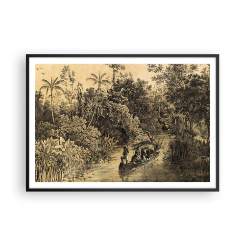 Póster en marco negro - Dibujo de una jungla con un barco en un río. - 100x70cm - Expedición a la fuente - Decoración de pared moderna para salón y dormitorio ARTTOR