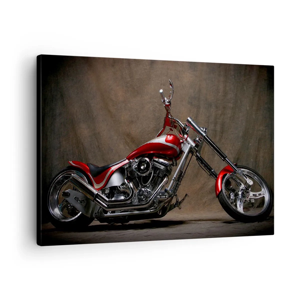 Cuadro sobre lienzo - Impresión de Imagen - Motocicleta roja personalizada sobre un fondo de tela marrón. - 70x50cm - Belleza rojo-plateada - Decoración de pared moderna para salón y dormitorio ARTTOR