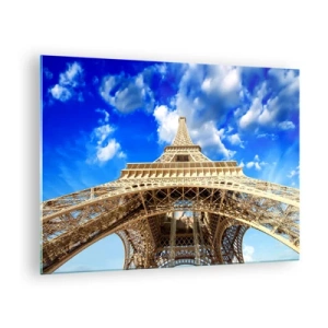 Cuadro sobre vidrio - Impresiones sobre Vidrio - La Torre Eiffel vista desde arriba contra el cielo - 70x50cm - Alcanzando el cielo y las nubes - Decoración de pared moderna para salón y dormitorio ARTTOR