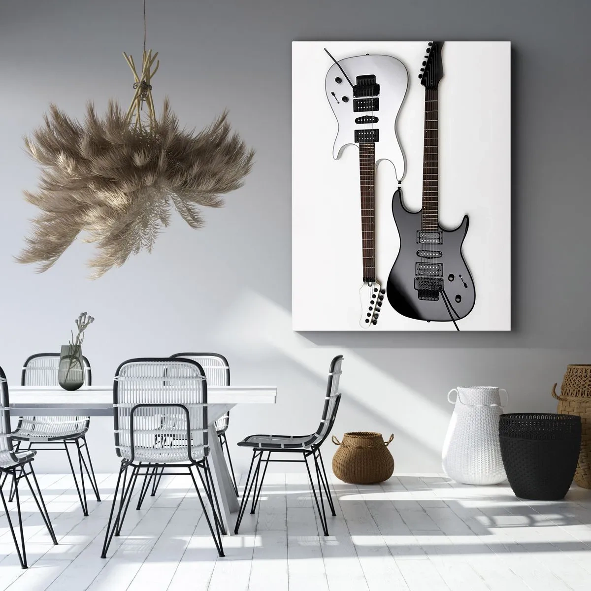 Cuadro sobre lienzo - Impresión de Imagen - Dos guitarras eléctricas en blanco y negro sobre fondo claro. - 70x100cm - Armonía de formas - Decoración de pared moderna para salón y dormitorio ARTTOR