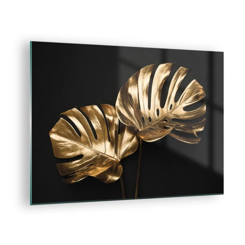 Cuadro sobre vidrio - Impresiones sobre Vidrio - Hojas de monstera doradas sobre fondo negro - 70x50cm - Tesoros de la naturaleza - Decoración de pared moderna para salón y dormitorio ARTTOR