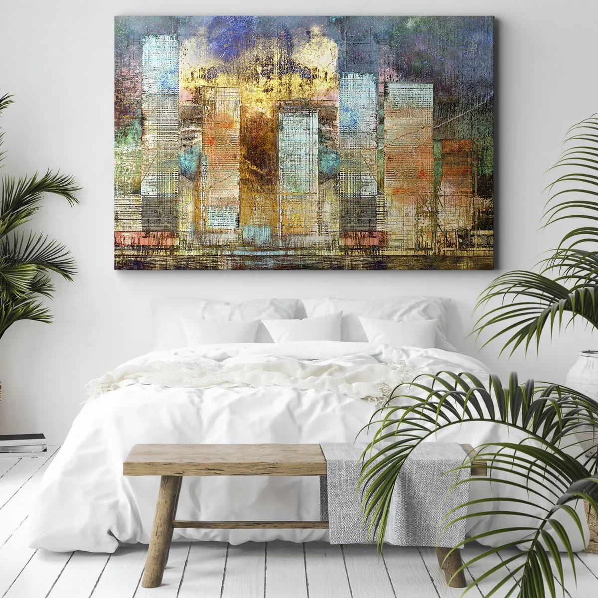 Cuadro sobre lienzo - Impresión de Imagen - Rascacielos abstractos de estilo industrial - 70x50cm - Metrópolis soleada - Decoración de pared moderna para salón y dormitorio ARTTOR