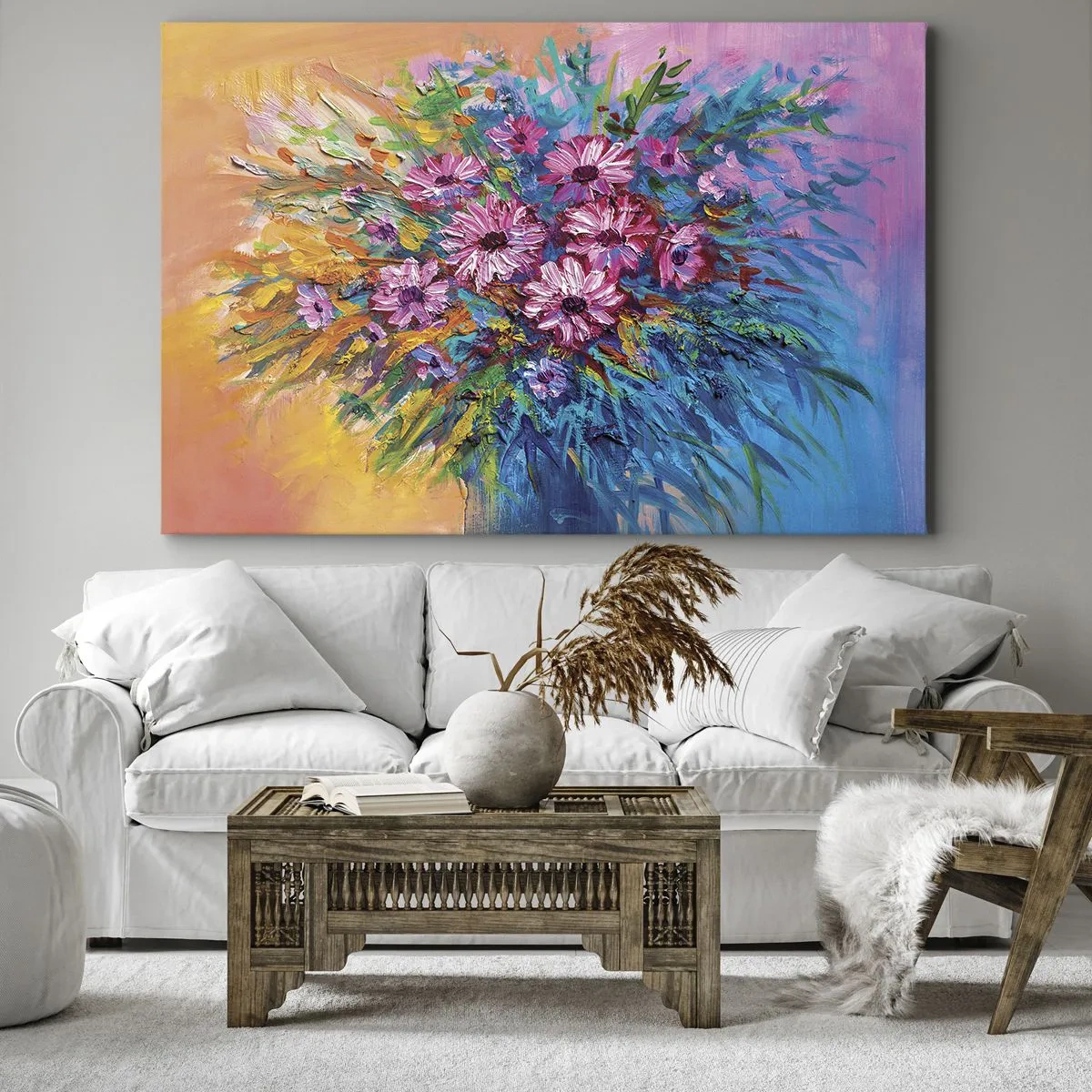 Cuadro sobre lienzo - Impresión de Imagen - Flores de colores en un ramo sobre un fondo de color pastel. - 100x70cm - La energía de la vida - Decoración de pared moderna para salón y dormitorio ARTTOR