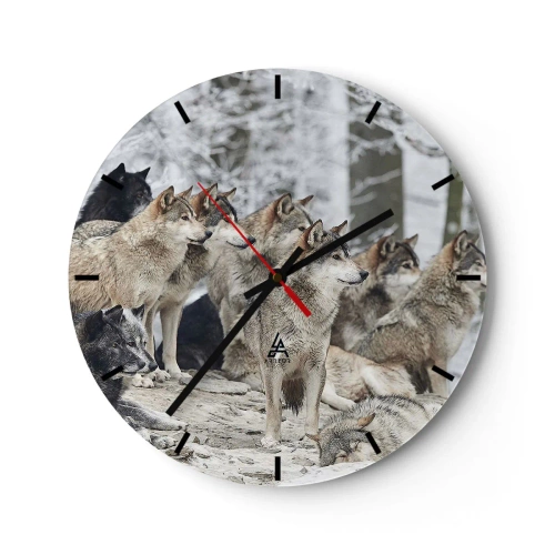 Reloj de pared - Reloj de vidrio - Una manada de lobos en un bosque invernal en un entorno natural. - 30x30cm - Familiares y amigos - Decoración de pared moderna para salón, cocina y dormitorio ARTTOR