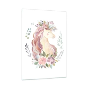 Cuadro sobre vidrio - Impresiones sobre Vidrio - Un unicornio de dibujos animados con una melena de flores pastel. - 50x70cm - Una invitación al mundo de los cuentos de hadas - Decoración de pared moderna para salón y dormitorio ARTTOR