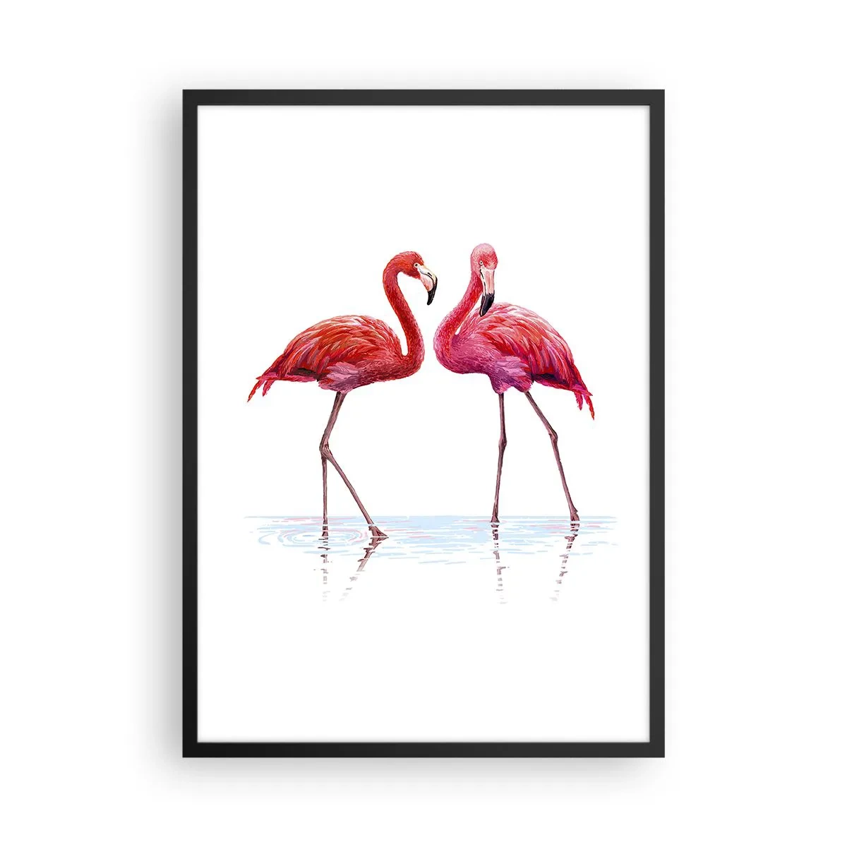 Póster en marco negro - Dos flamencos sobre un fondo blanco con reflejo en el agua. - 50x70cm - Cita rosada - Decoración de pared moderna para salón y dormitorio ARTTOR