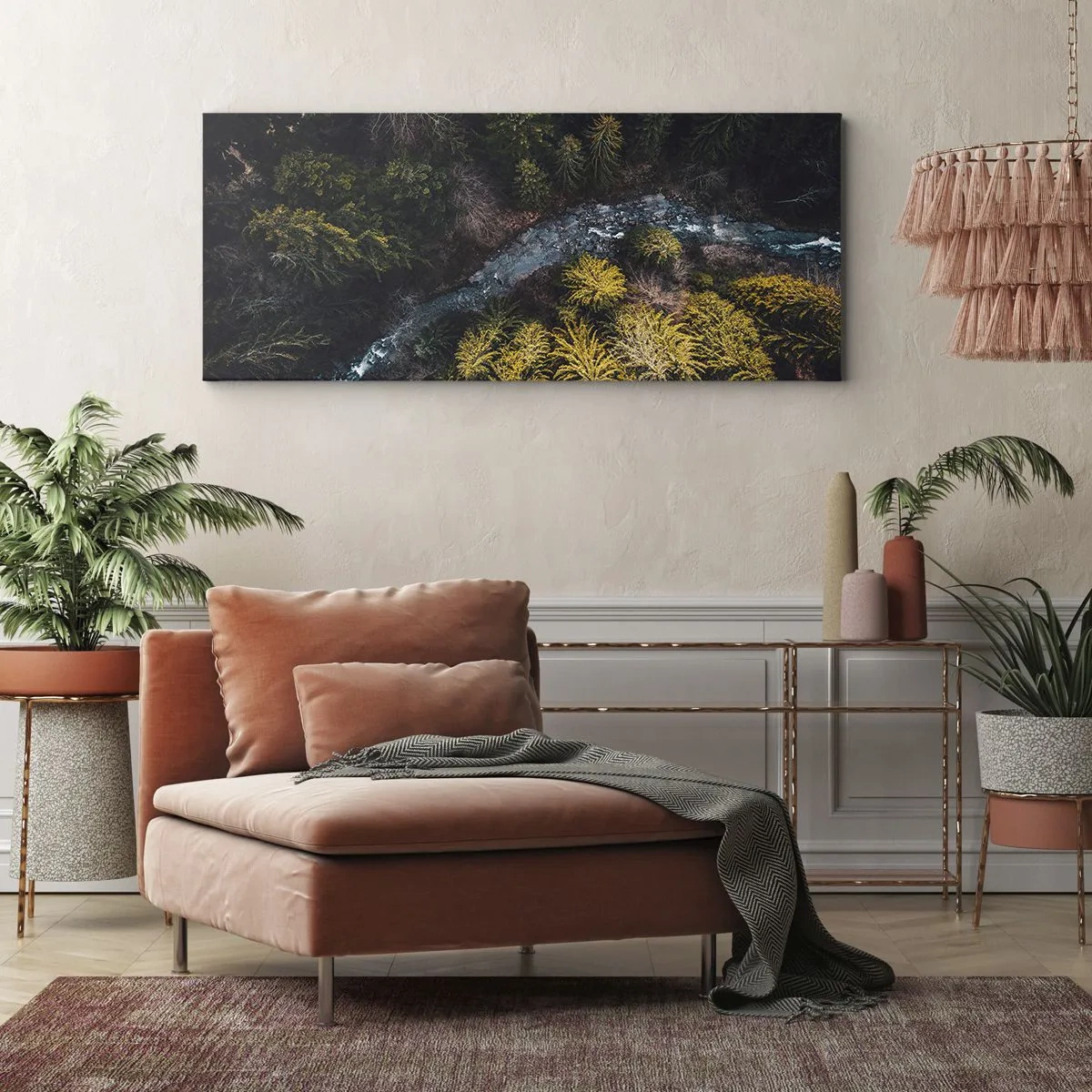 Cuadro sobre lienzo - Impresión de Imagen - Una vista desde arriba de un bosque con un río sinuoso. - 120x50cm - Rápido, cada vez más rápido - Decoración de pared moderna para salón y dormitorio ARTTOR