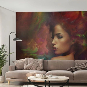 Fotomural Standard Eco - Retrato de una mujer rodeada de niebla abstracta y colorida. - 100x70cm - Más hermosa que un arco iris, tan delicada como la niebla - Decoración de pared moderna para salón y dormitorio ARTTOR