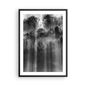 Póster en marco negro - Bosque blanco y negro en la niebla con rayos de sol. - 50x70cm - En los flujos de luz - Decoración de pared moderna para salón y dormitorio ARTTOR