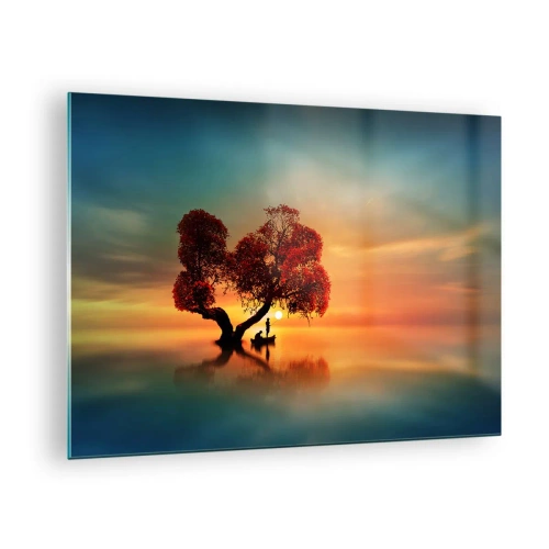 Cuadro sobre vidrio - Impresiones sobre Vidrio - Un árbol con hojas rojas con el atardecer como telón de fondo. - 70x50cm - La lejanía y el silencio del mundo - Decoración de pared moderna para salón y dormitorio ARTTOR