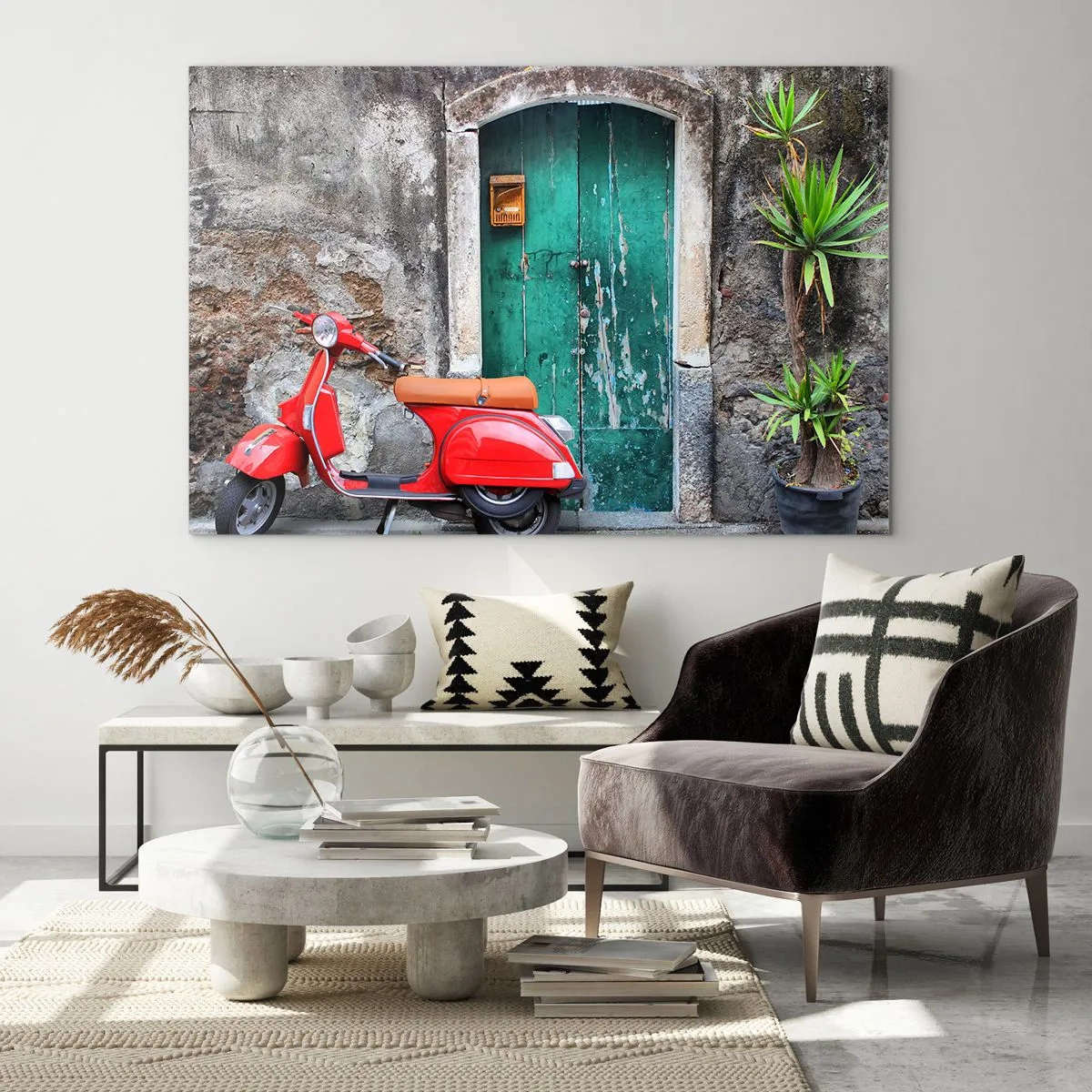 Cuadro sobre vidrio - Impresiones sobre Vidrio - Scooter rojo contra una puerta verde - 70x50cm - Vacaciones en Italia - Decoración de pared moderna para salón y dormitorio ARTTOR
