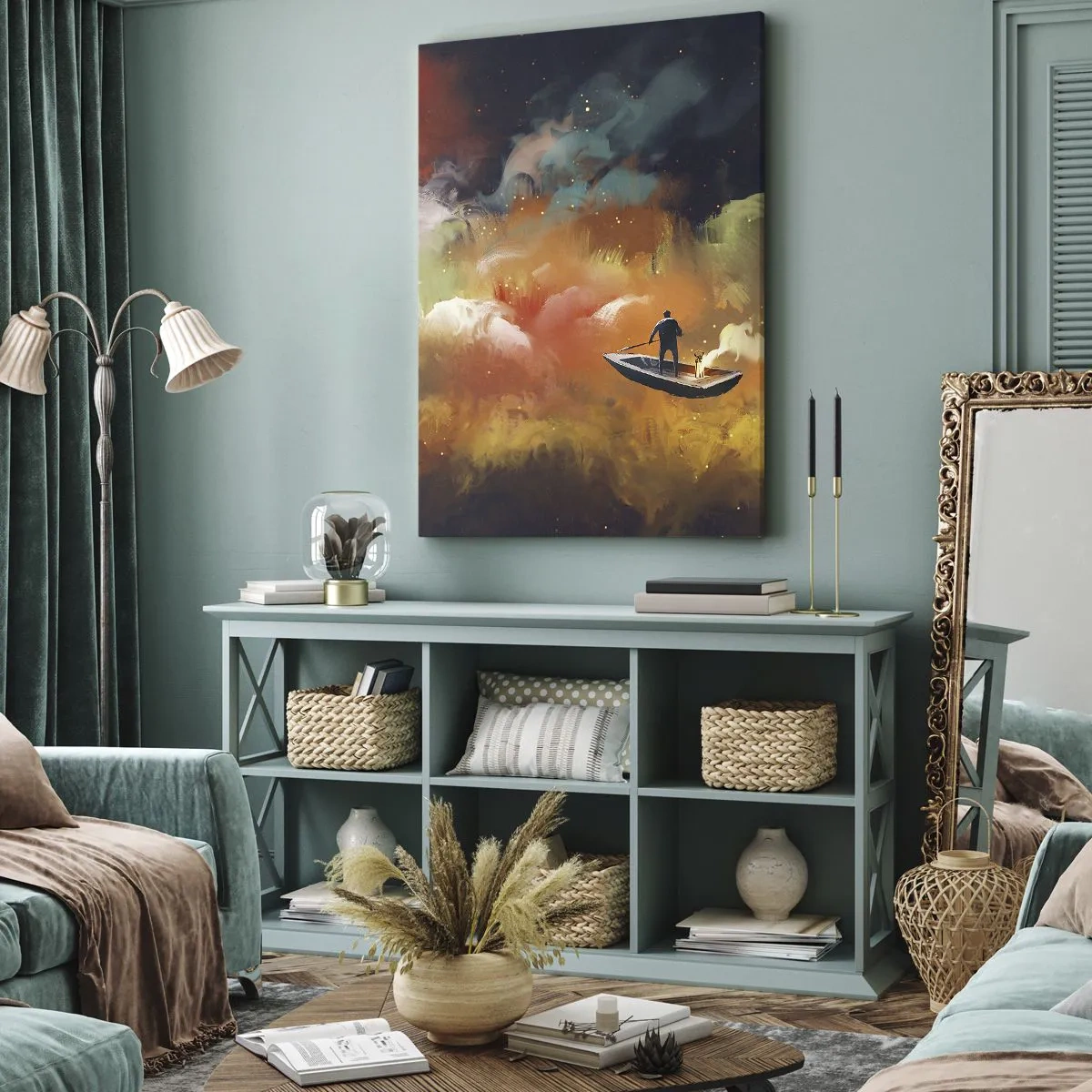 Cuadro sobre lienzo - Impresión de Imagen - Una figura en un barco contra un fondo de nubes de colores. - 50x70cm - En barco por la galaxia - Decoración de pared moderna para salón y dormitorio ARTTOR