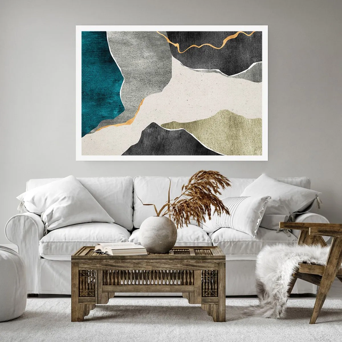 Póster - Formas geométricas en tonos grises, verdes y dorados. - 100x70cm - Composición en mosaico con una hebra de oro - Decoración de pared moderna para salón y dormitorio ARTTOR