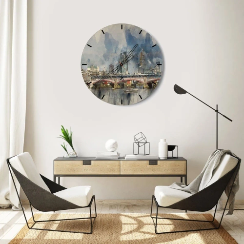 Reloj de pared - Reloj de vidrio - Puente y horizonte de Londres en estilo acuarela - 30x30cm - Londres en todo su esplendor - Decoración de pared moderna para salón, cocina y dormitorio ARTTOR