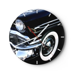 Reloj de pared - Reloj de vidrio - Un coche retro negro brillante con un estilo clásico. - 30x30cm - Clásicos en plata, negro y blanco - Decoración de pared moderna para salón, cocina y dormitorio ARTTOR