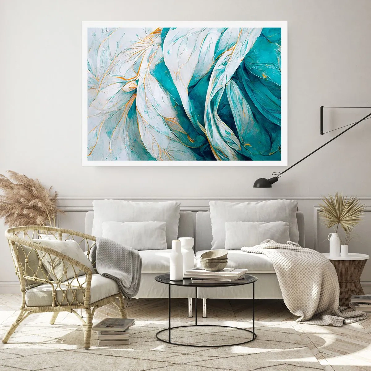 Póster - Abstracción azul con motivos dorados - 40x30 cm